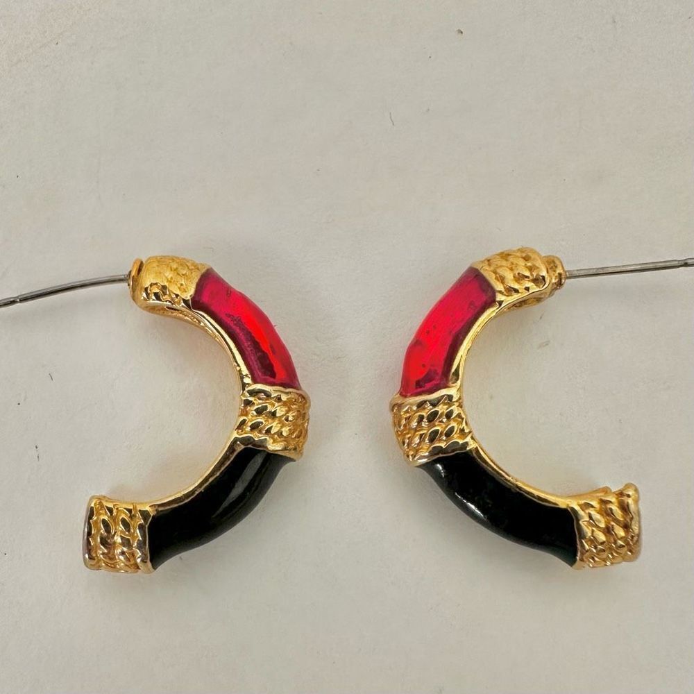 Red black and gold tone half hoop earrings
